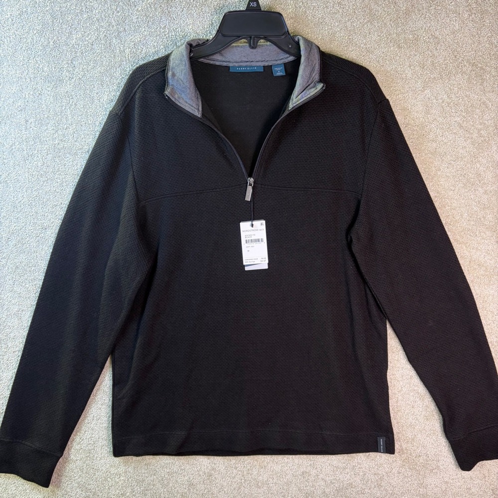 Perry Ellis Quarter Zip Pullover Mens Medium Black Textured Waffle Knit NEW